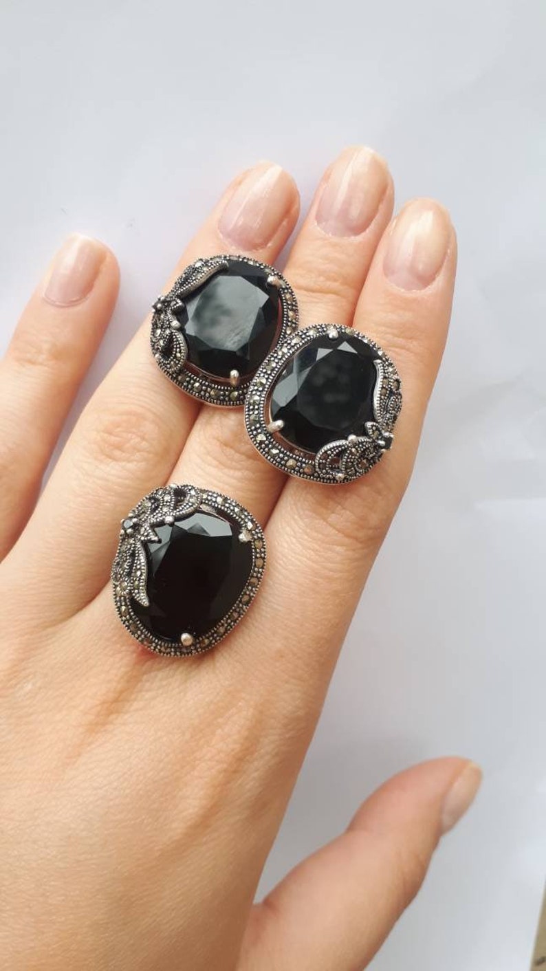 925 Silver Black silver jewelry Onyx Jewelry Marcasite Silver | Etsy