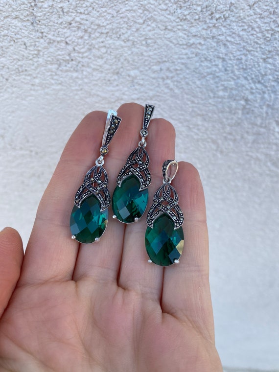 Orecchini In Argento Sterling Art Nouveau Con Giada E Marcasite – Lunghi 3,5 Cm – Fatti A Mano Da Esse Marcasite