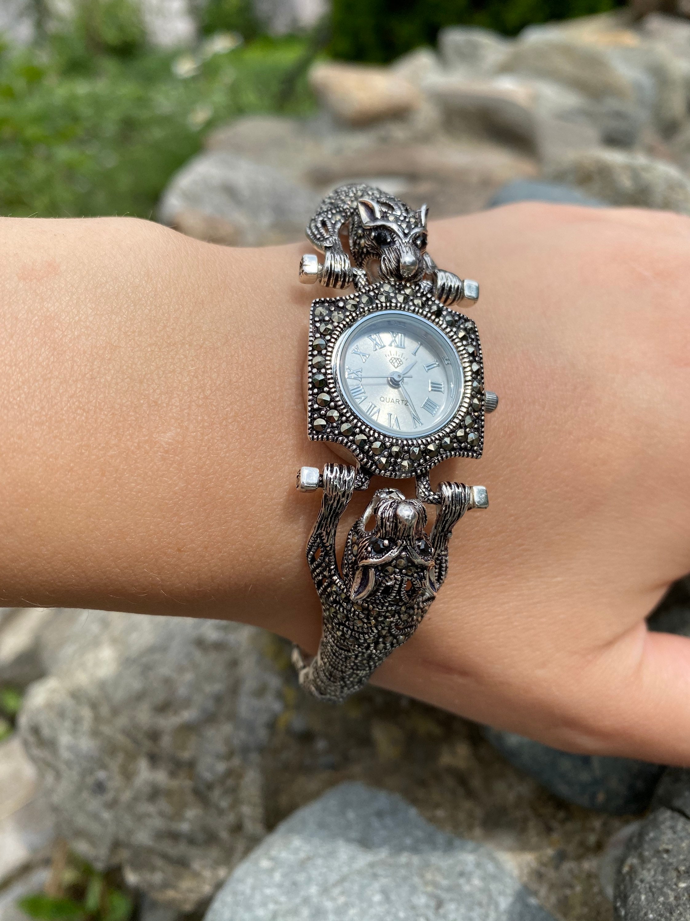 Silver Watch Double Lion Watch 925 Sterling Silver Watch Figural Vintage Wristwatch Women Watch Marcasite Watch Armenian Marcasite Watch