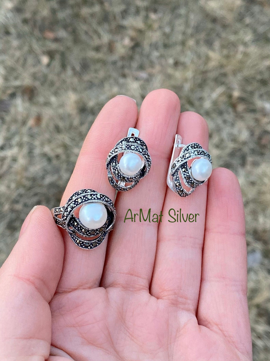 Pearl earrings silver pearl jewelry marcasite pearl earrings Etsy