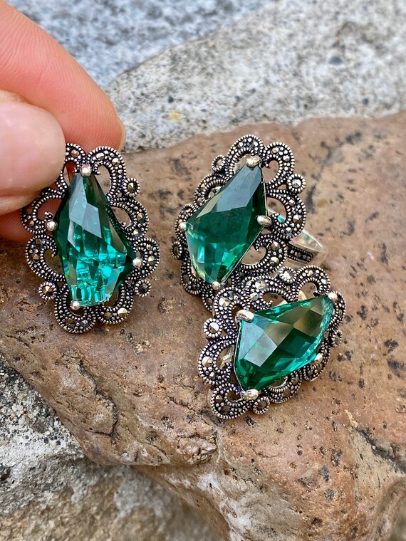 Emerald Green Jewelry Green Silver Set Marcasite Green Earrings Vintage Green Ring Antique Ring Green Ring Marcasite Ring Green Jewelry Etsy