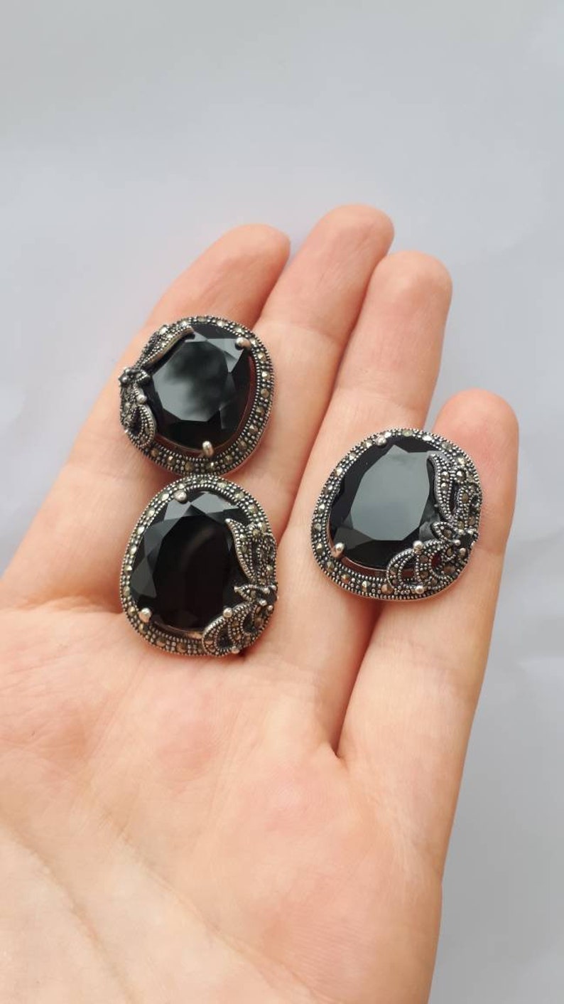 925 Silver Black silver jewelry Onyx Jewelry Marcasite Silver | Etsy