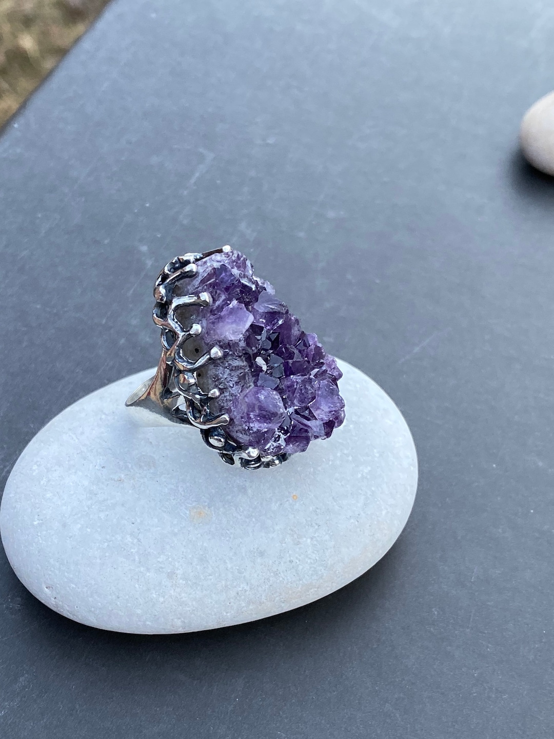 Raw Amethyst Ring Natural Huge Amethyst Ring Statement Silver Amethyst ...