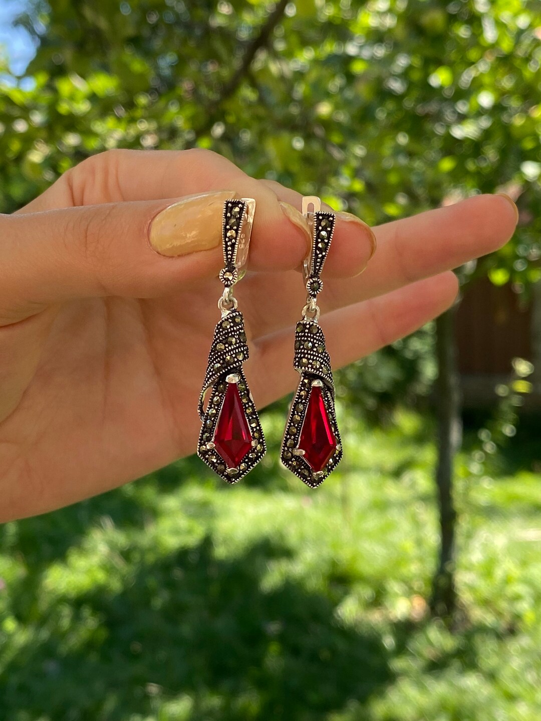 Garnet Earrings Deep Red Silver Ring Marcasite Dangle Earrings ART DECO Ruby Red Sterling Silver Party Earrings Red Dangle Red Drop Etsy