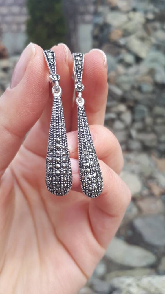 Wedding Drop Earrings Silver Drop Earrings Long Drop Marcasite