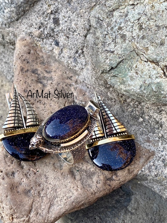 Silver Aventurine Jewellery Large Blue Aventurine Stone Earrings Huge Blue  Gemstone Earrings Dark Blue Natural Stone Jewelry Pirate Jewelry - Etsy