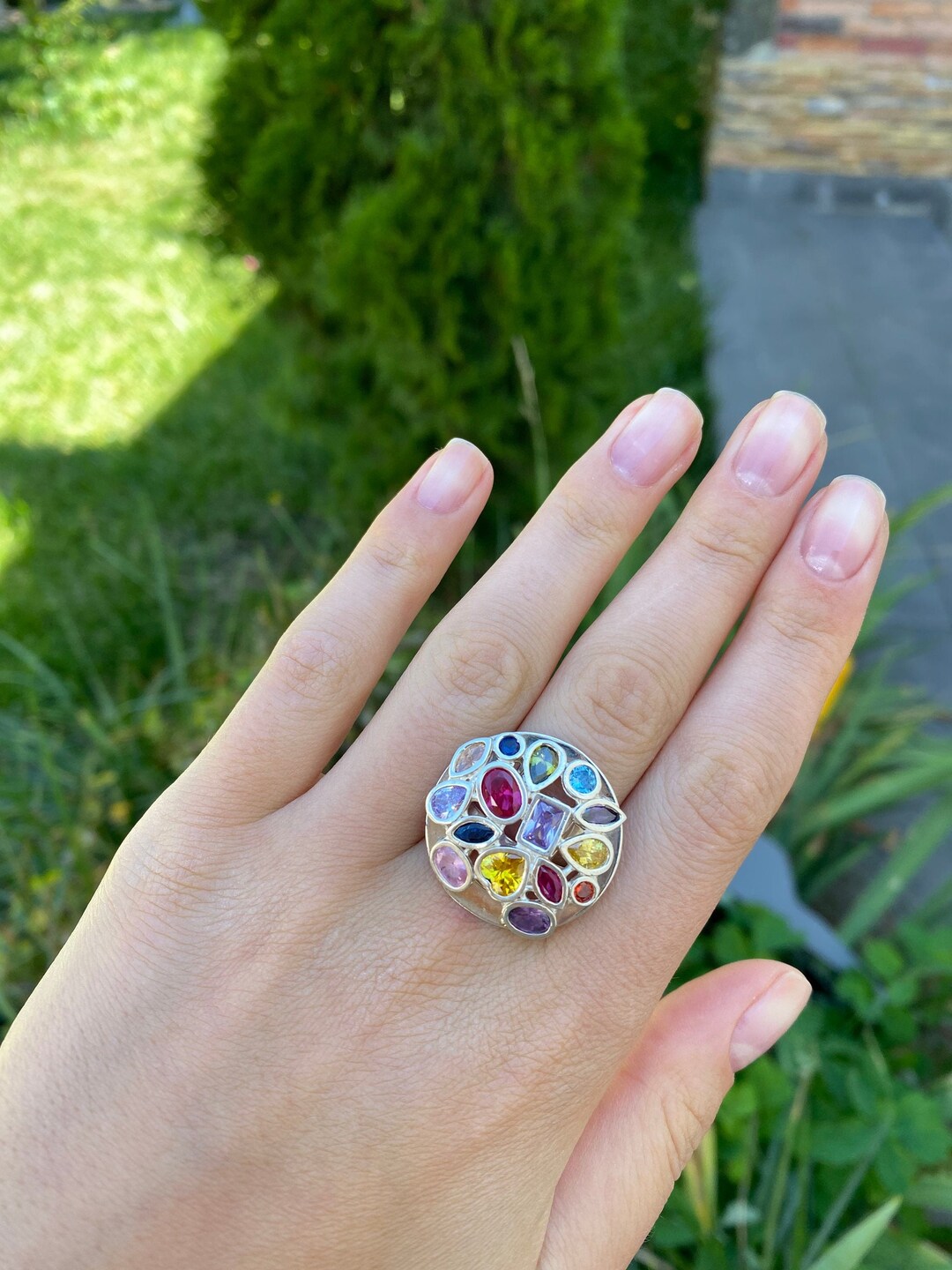 925 Chunky Multicolor Ring Colorful Circle Ring Multi Color Prom Ring ...