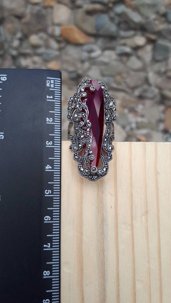 Vintage Marcasite Red Stone Ring: Long Silver Statement Ring - Etsy