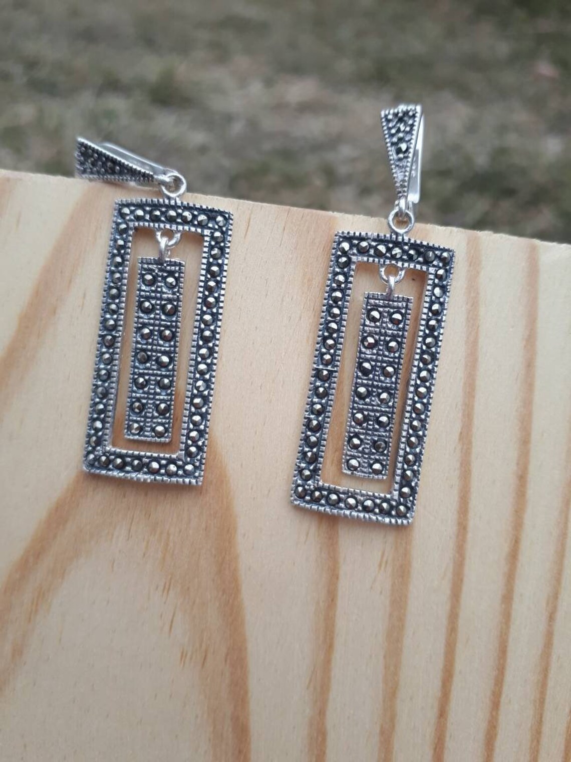 Rectangular Long Earrings VINTAGE silver dangle earrings LARGE Etsy