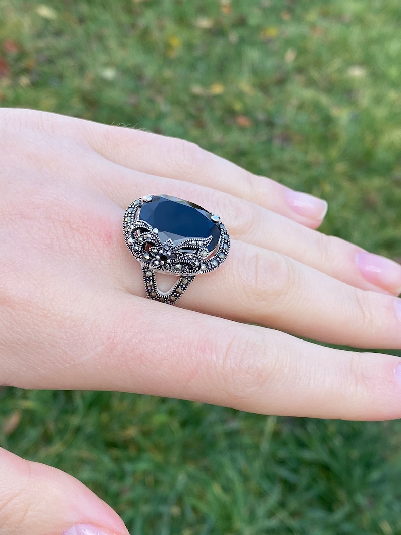 Luxury Black Stone Ring Circle Ring Black Marcasite Ring Etsy