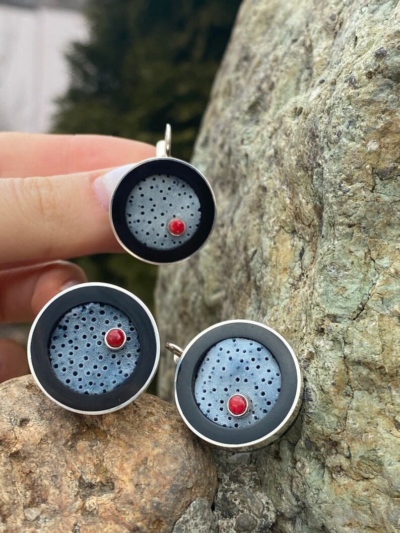 Blue coral ring Blue sponge coral jewelry Round blue coral jewelry Denim blue jewelry Fossil coral jewelry Rare stone image 5