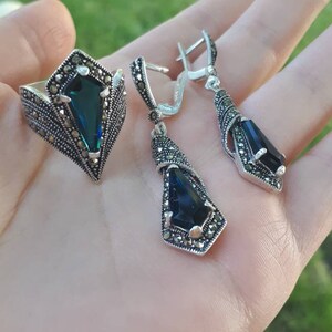 Saffiersieraden Marcasiet zilveren ring en oorbellen: vintage blauwe sieradenset afbeelding 6
