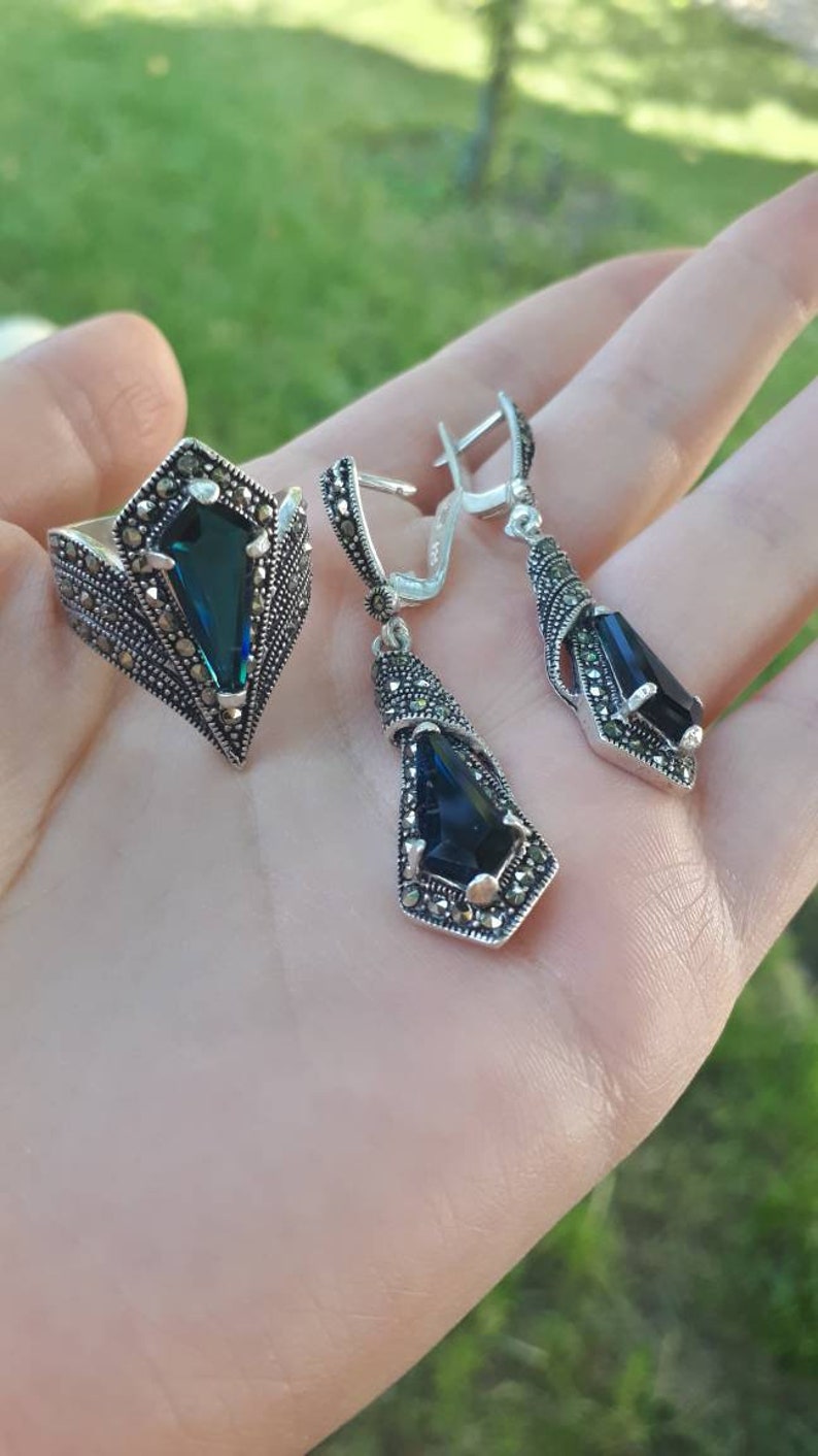 Saffiersieraden Marcasiet zilveren ring en oorbellen: vintage blauwe sieradenset afbeelding 6
