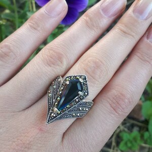 Saffiersieraden Marcasiet zilveren ring en oorbellen: vintage blauwe sieradenset afbeelding 8