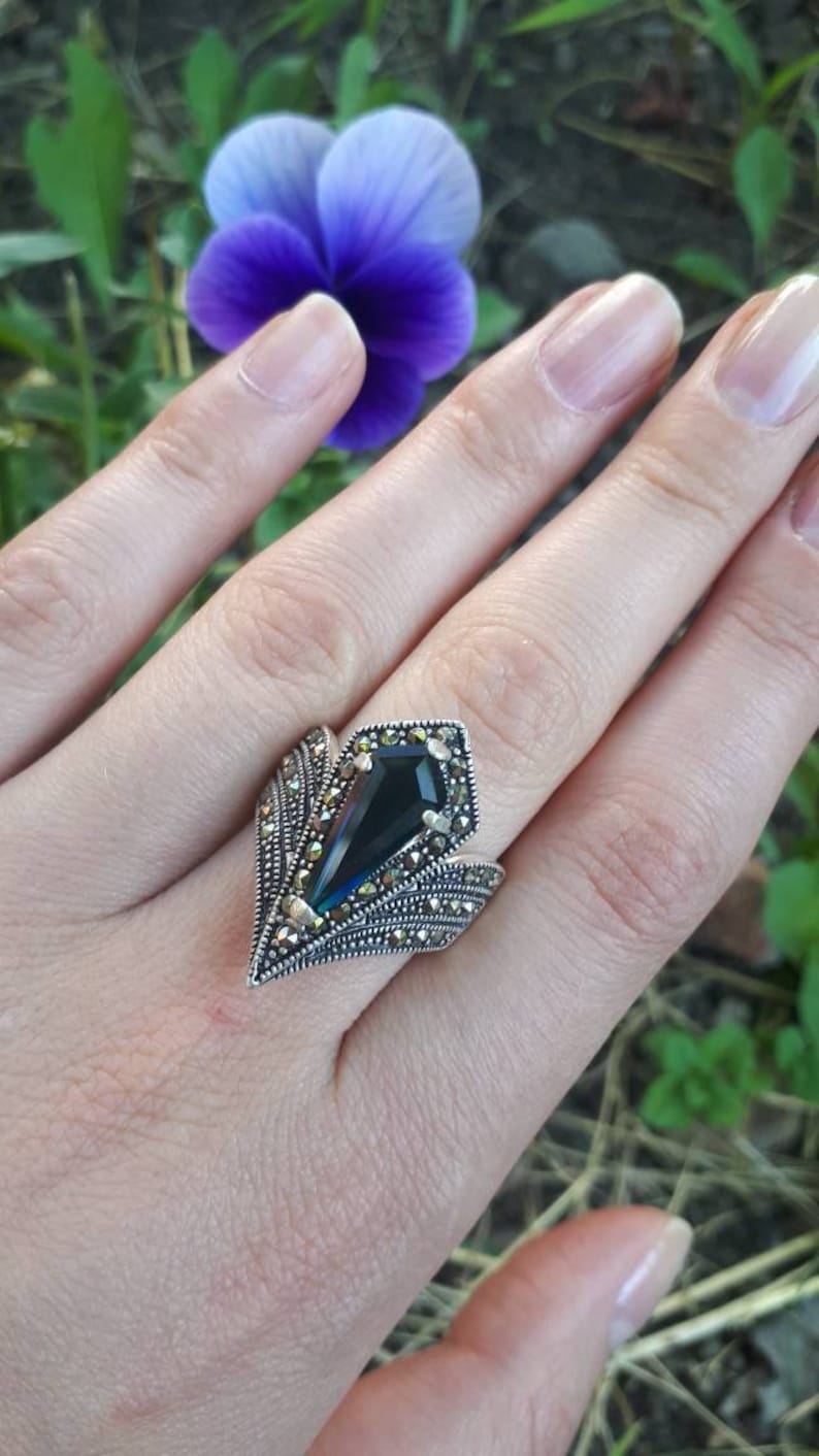 Saffiersieraden Marcasiet zilveren ring en oorbellen: vintage blauwe sieradenset afbeelding 8