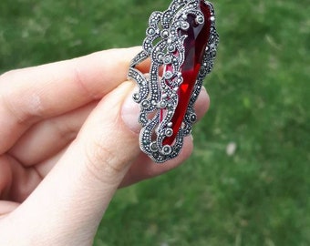 Vintage Marcasite Red Stone Ring: Long Silver Statement Ring - Etsy