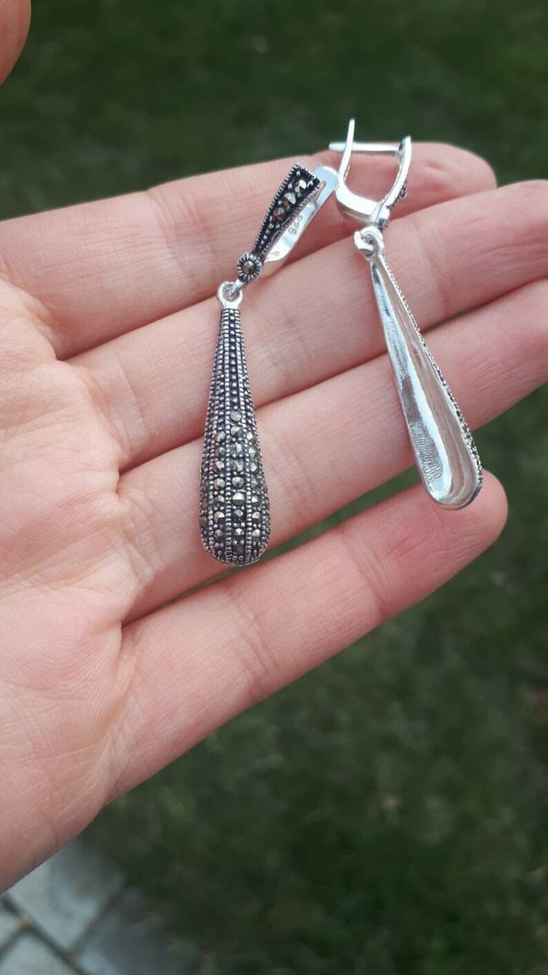 Wedding Drop Earrings Silver Drop Earrings Long Drop Marcasite Etsy