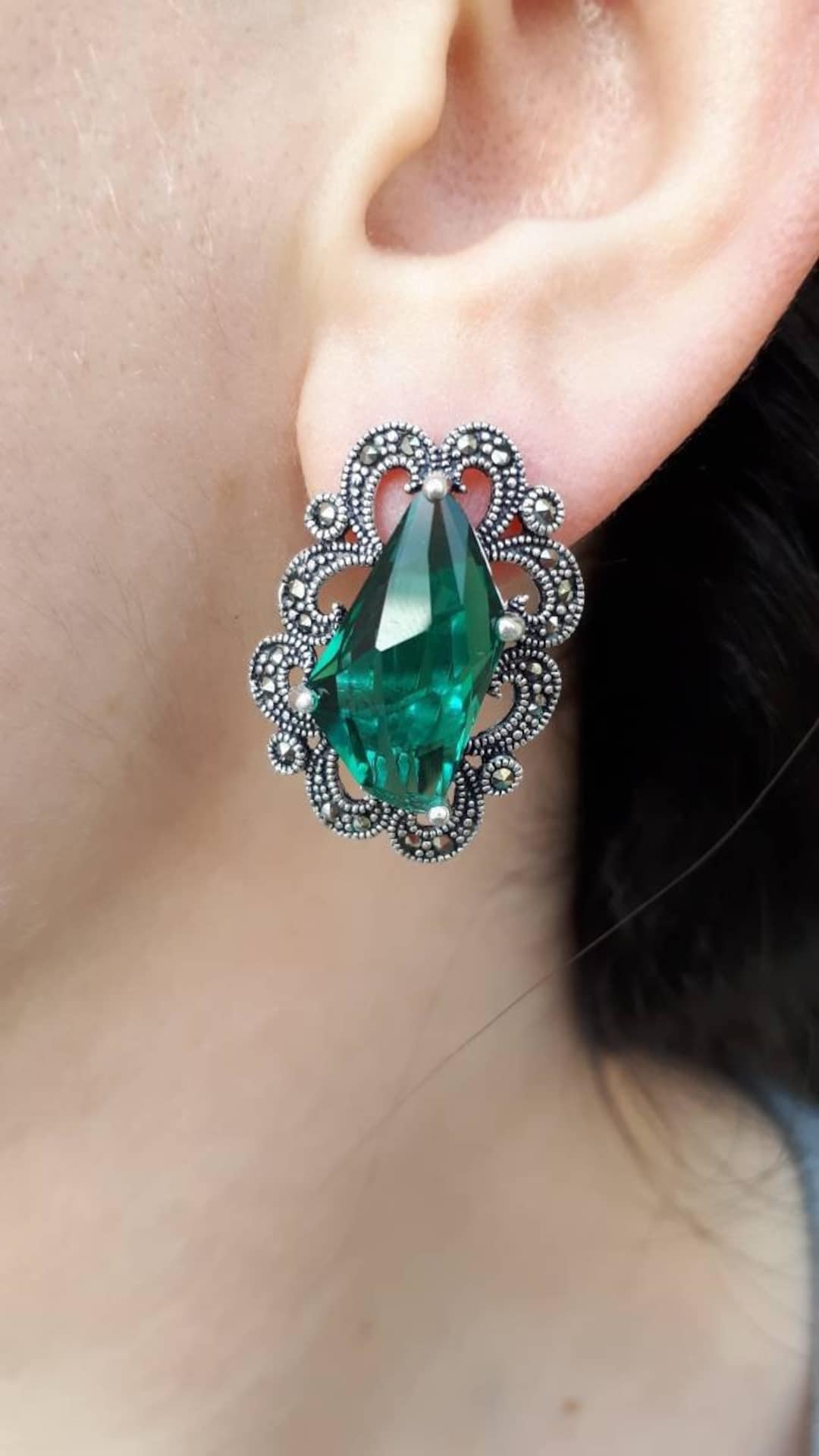 Silver Emerald Green Earrings Green Cluster Earrings Emerald Marcasite