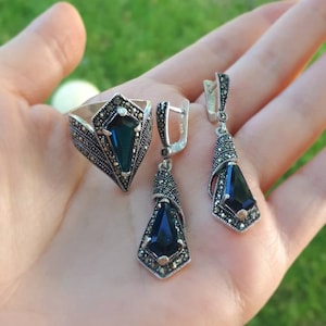 Saffiersieraden Marcasiet zilveren ring en oorbellen: vintage blauwe sieradenset afbeelding 3