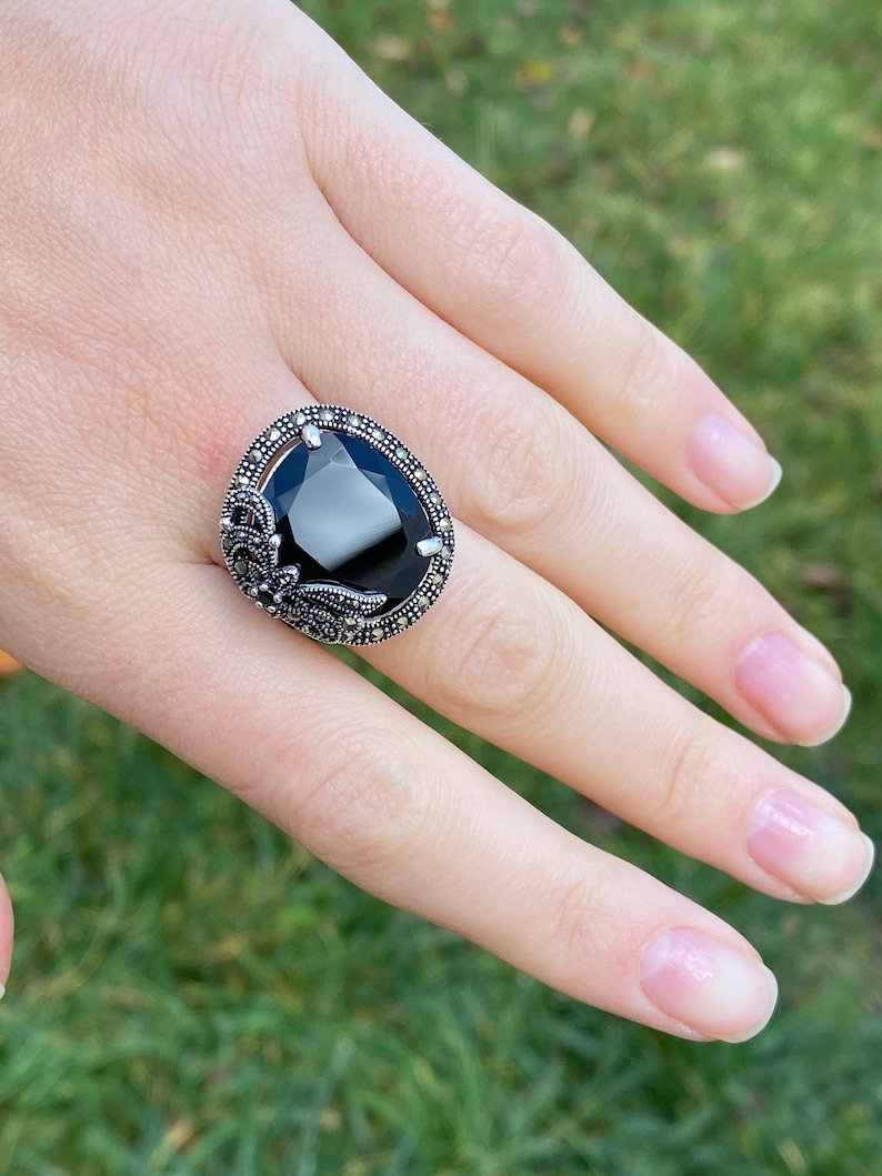 Luxury Black Stone Ring Circle Ring Black Marcasite Ring Etsy
