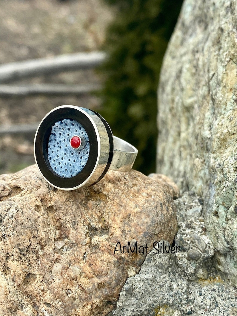 Blue coral ring Blue sponge coral jewelry Round blue coral jewelry Denim blue jewelry Fossil coral jewelry Rare stone image 1