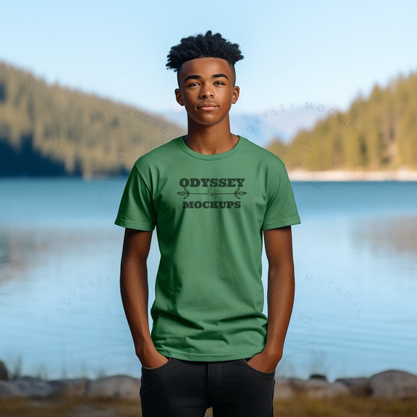 Kelly Green Bella Canvas 3001 Mockup | Kelly Green T-shirt Mockup | Black Teen Man Male Model | Unisex | nature | lake background