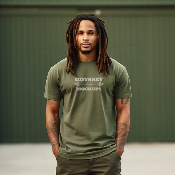 Military Green Bella Canvas 3001 Mockup | Military Green T-shirt Mockup | Black Man Male Model | Unisex | studio shoot | dreadlocks hair