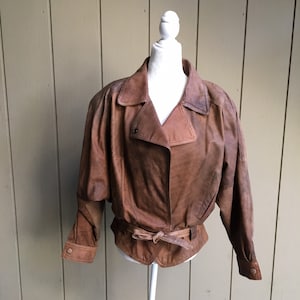 Vintage LNR Brown Wrap Leather Cinch Waist Jacket Bomber