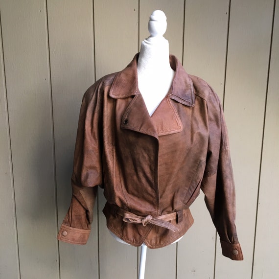 Vintage LNR Brown Wrap Leather Cinch Waist Jacket… - image 1