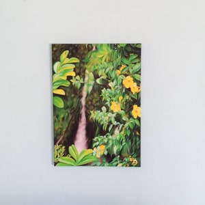 Tropical Bali Nature Acrylic Painting on Canvas, Waterfall in Greenery with Flowers, Surf Art Picture Photo Realism for Surf Beach House Decor