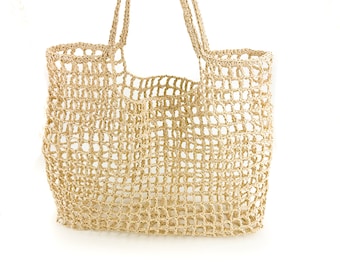 Handgehäkelte Strandtasche aus Raffia: Sommer-Einkaufstasche