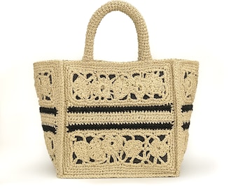 Gehäkelte Strohtasche, Raffia Tasche, Strandtasche mit Innenfutter mit Paris Motiv, Einkaufskorb in altem Geldstil