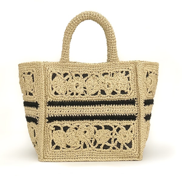 Crochet Straw bag, Raffia bag, Beach bag with lining in Paris motif, shopping basket in old money style