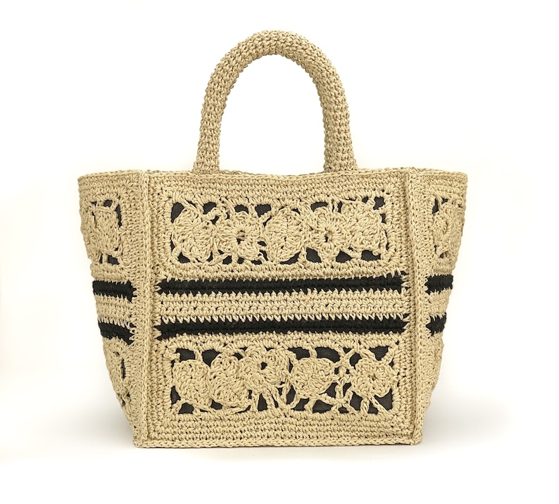 Crochet Straw bag, Raffia bag, Beach bag with lining in Paris motif, shopping basket in old money style image 1