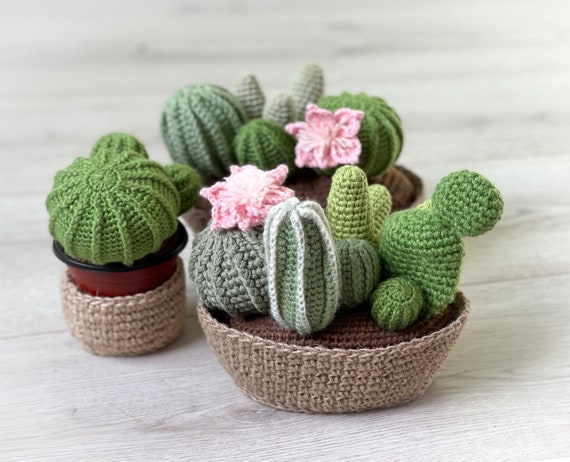 Crochet Cactus With Flower, Fake Plants in a Pot for Handmade Home Decor. Crochet  Plant Pot, Crochet Succulent 