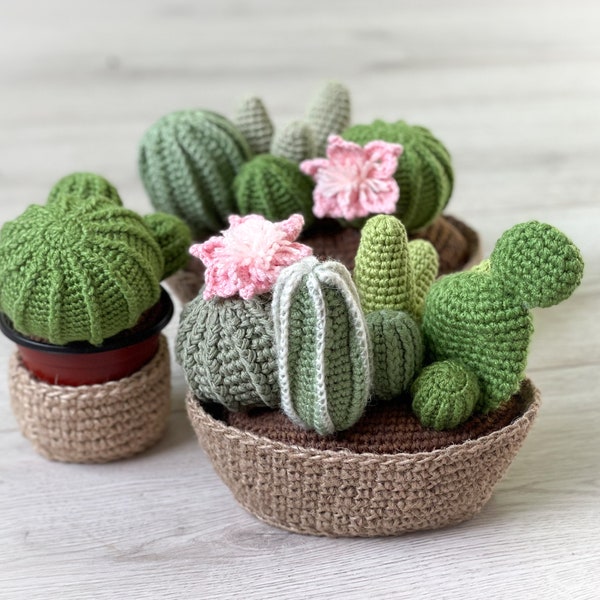 Cactus de ganchillo en una maceta, planta falsa para la decoración del hogar hecha a mano, planta amigurumi, planta de toque real