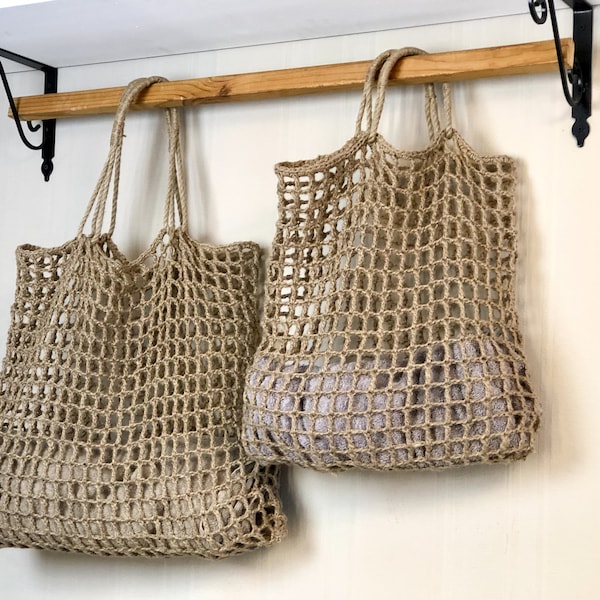 Crochet jute bag, farmers market bag, jute shopping bag, beach tote, jute squared net bag, zero waste bag, burlap bags