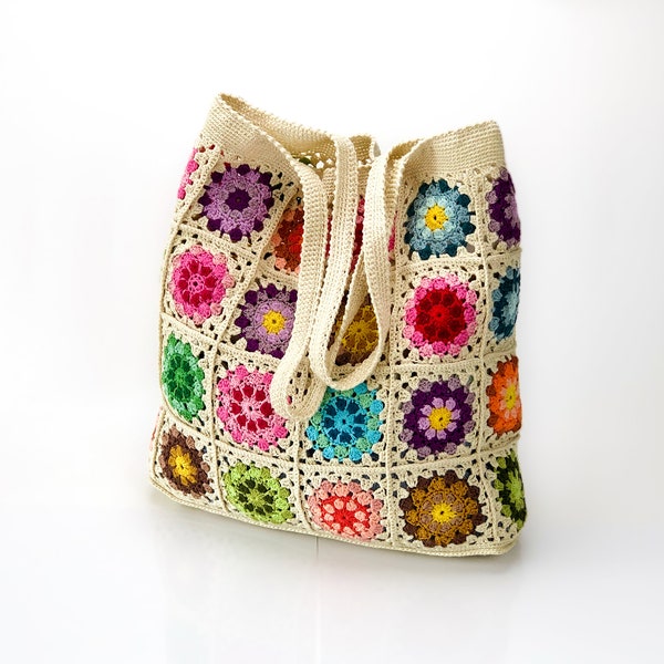 Granny Square Tote Bag for Shopping, Beach made from natural Egyptian cotton by hand