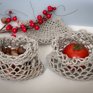 Set of 3 Linen mesh net produce bags, natural ecological veggie bag - product bag