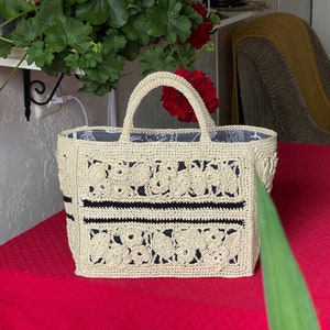 Crochet Straw bag, Raffia bag, Beach bag with lining in Paris motif, shopping basket in old money style image 3