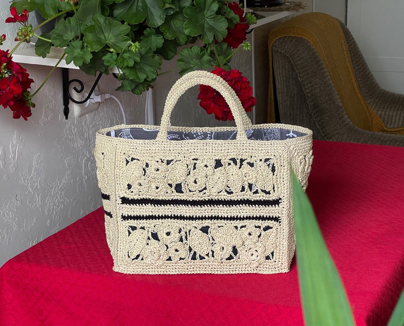 Crochet Straw bag, Raffia bag, Beach bag with lining in Paris motif, shopping basket in old money style image 3