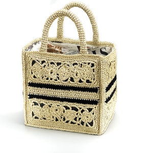 Crochet Straw bag, Raffia bag, Beach bag with lining in Paris motif, shopping basket, book tote, beach basket