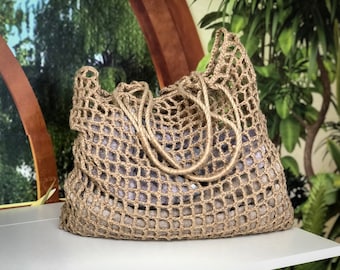 Cottagecorn jute rustic bag, hemp bag, crochet jute bag, Large crochet jute bag, farmers market bag, sustainable gift