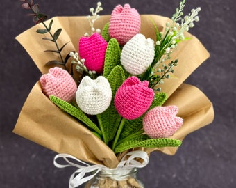 Crocheted tulips bouquet, crochet flowers, Gift for Mom, Gift for woman, Handmade Home Decor