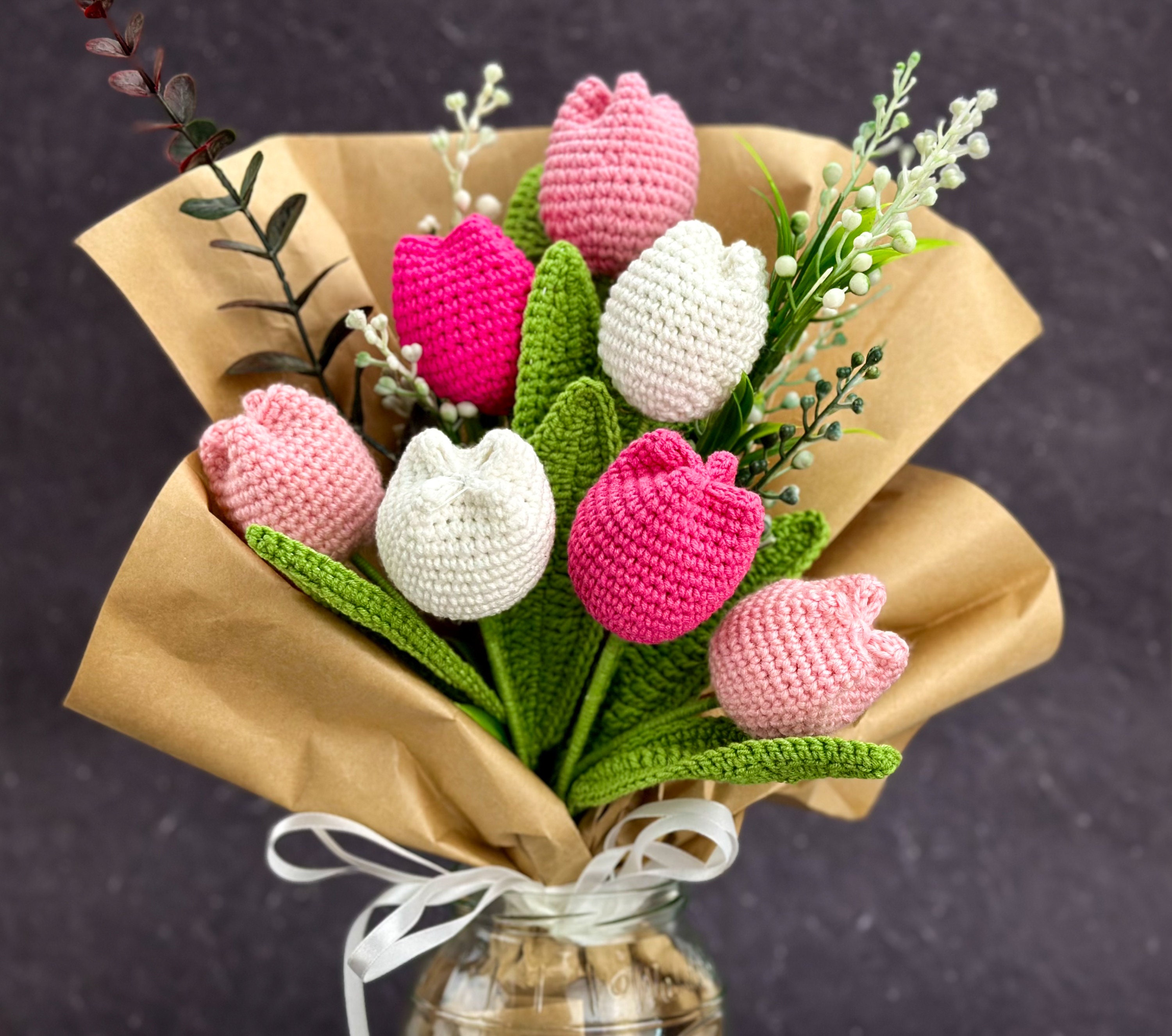 Bouquet Di Fiori All'Uncinetto Fatti A Mano – Tulipano E Rosa, Regalo Per Laurea O Decorazione Casa (Rosa) - 2