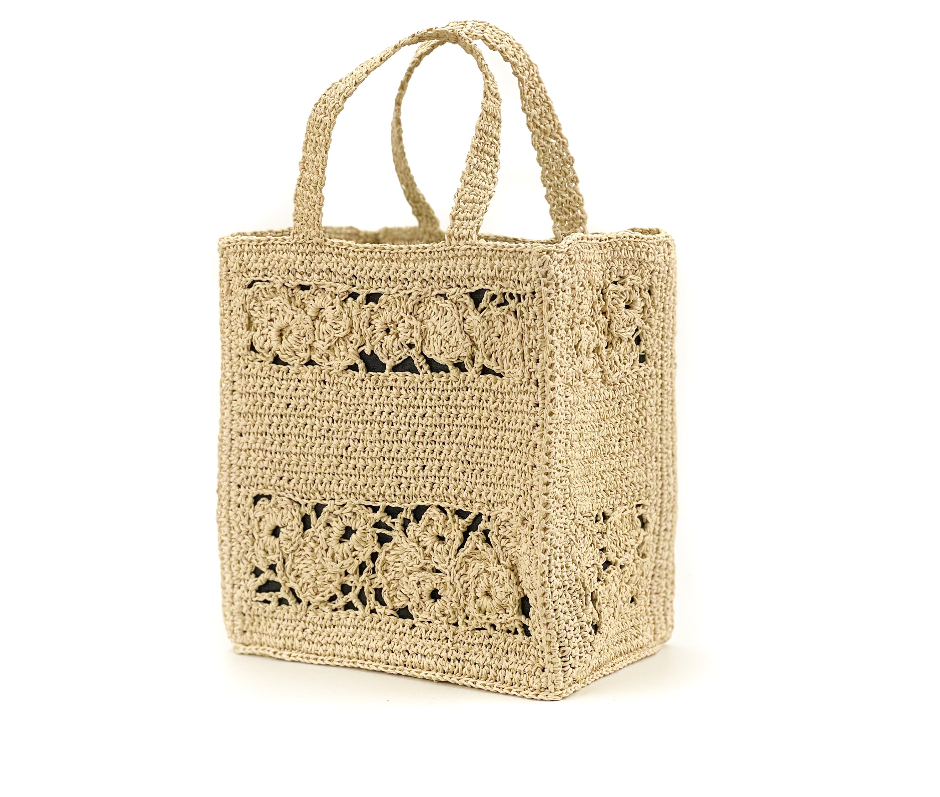 トートバッグ [Slowslowly] Camellia Handmade Crochet Raffia Mini Tote Bag Camellia Handmade Crochet Raffia Mini Tote Bag _ Natural