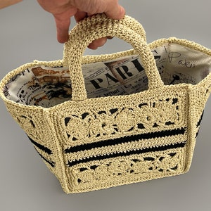 Crochet Straw bag, Raffia bag, Beach bag with lining in Paris motif, shopping basket in old money style image 4