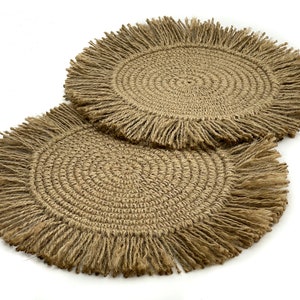 Crochet Jute placemat, Handmade Placemat, Natural Fringe Placemat, Retro home decor