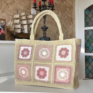 Crocheted Raffia Straw Bag, Granny Square Summer Tote, Handmade Beach Bag