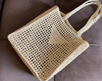 Cabas de plage en raphia, sac au crochet, sac en filet en raphia pour femme, sac fourre-tout d'été